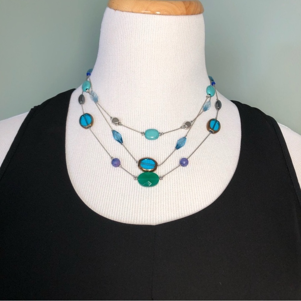 Teal & Blue Multi Strand Beaded Statement Necklace
